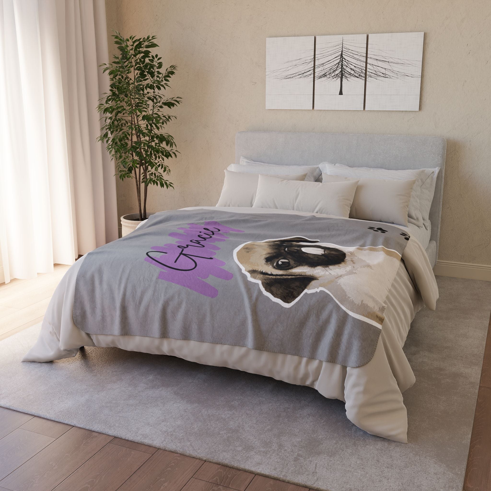 Personalized Pug Sherpa Blanket — Custom Name ‘Gracie’, Cozy Gray Fleece with Paw Prints