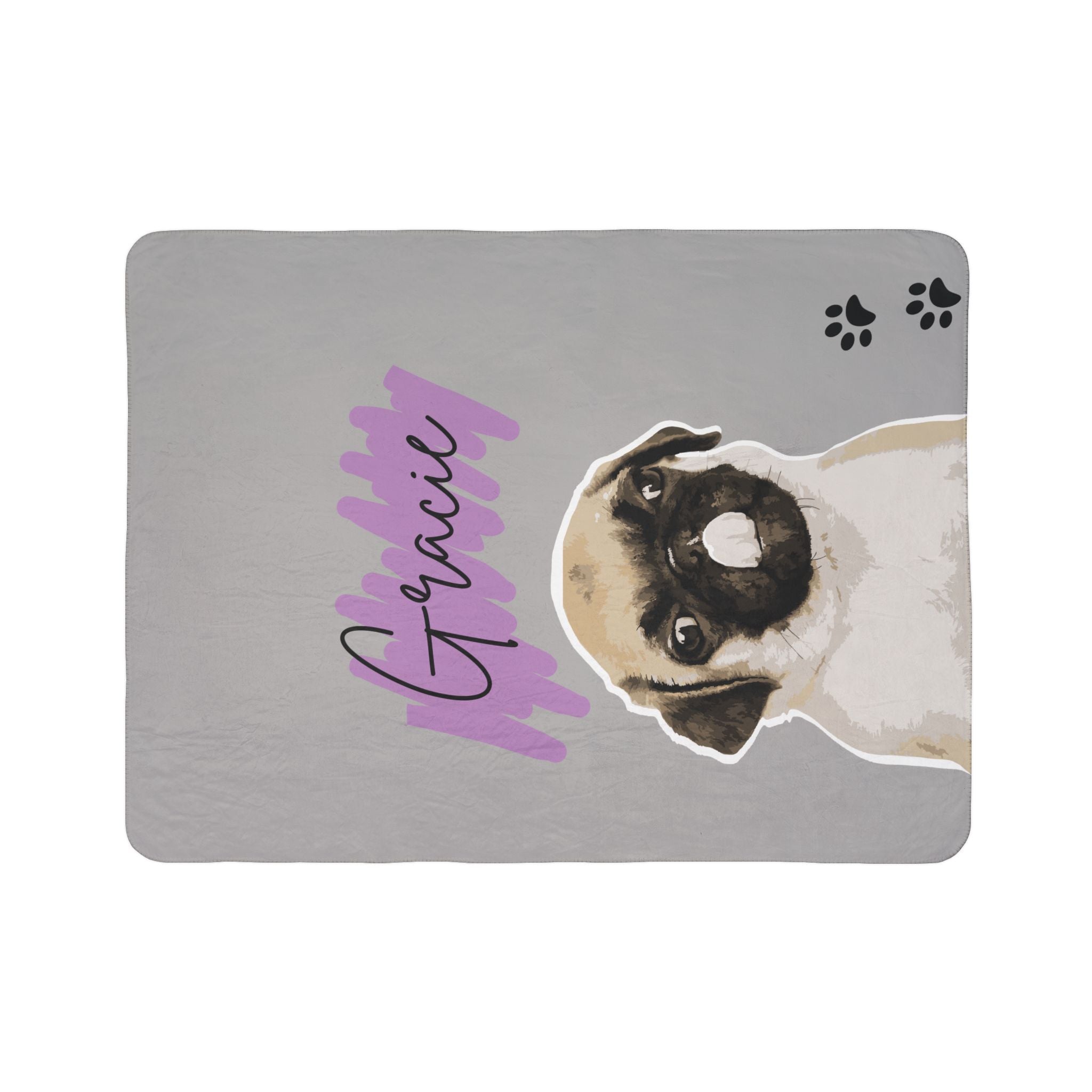 Personalized Pug Sherpa Blanket — Custom Name ‘Gracie’, Cozy Gray Fleece with Paw Prints