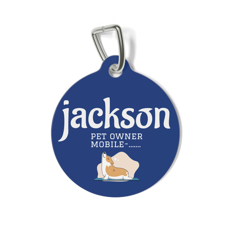 Personalized Dog Tag — Blue Name & Mobile Pet ID with Corgi Illustration