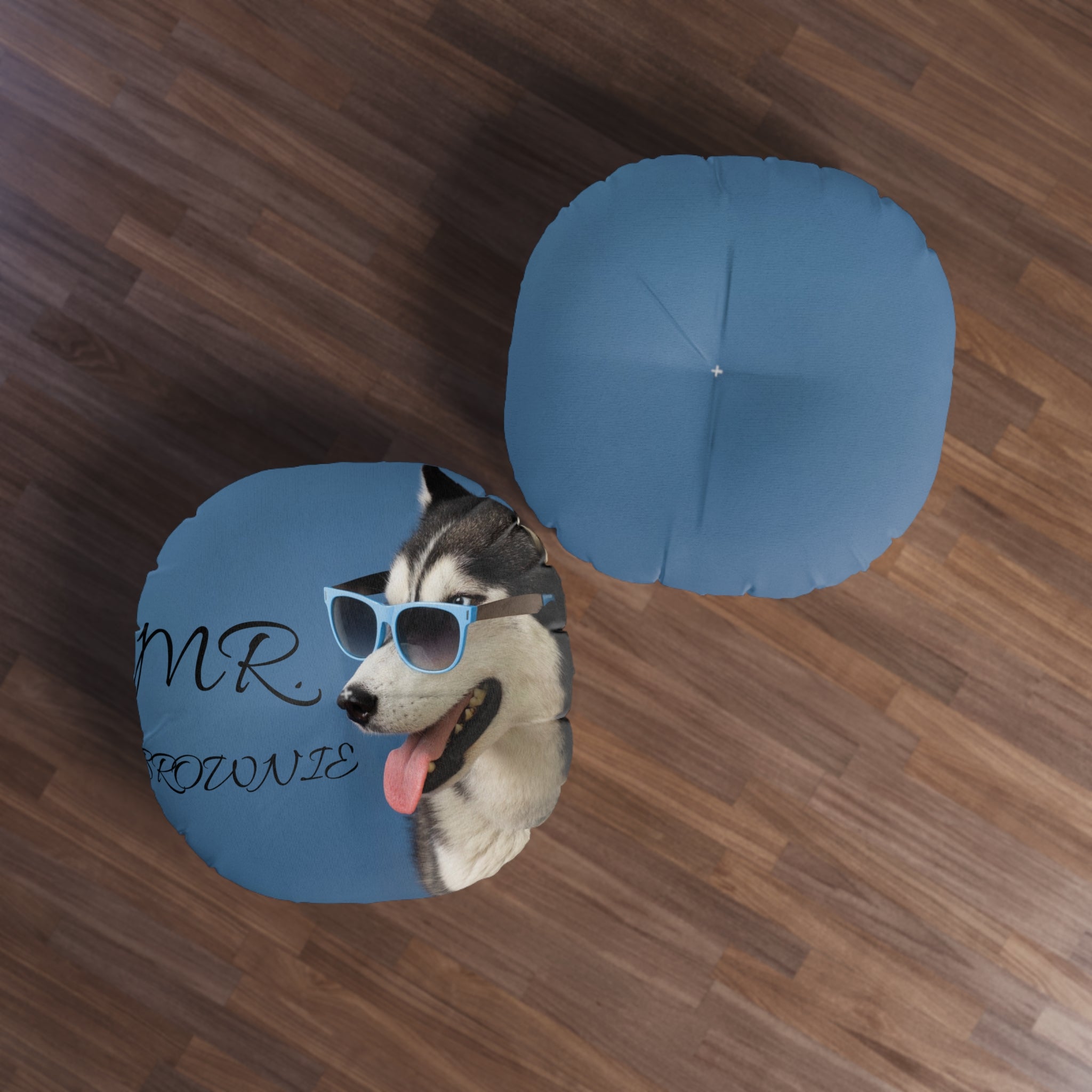 Round Tufted Floor Pillow — "Mr. Brownie" Cool Husky Dog with Sunglasses, Blue Decorative Floor Cushion