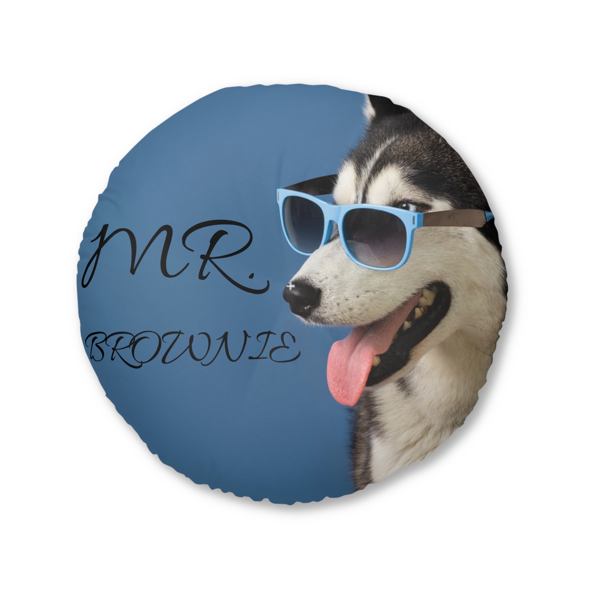 Round Tufted Floor Pillow — "Mr. Brownie" Cool Husky Dog with Sunglasses, Blue Decorative Floor Cushion