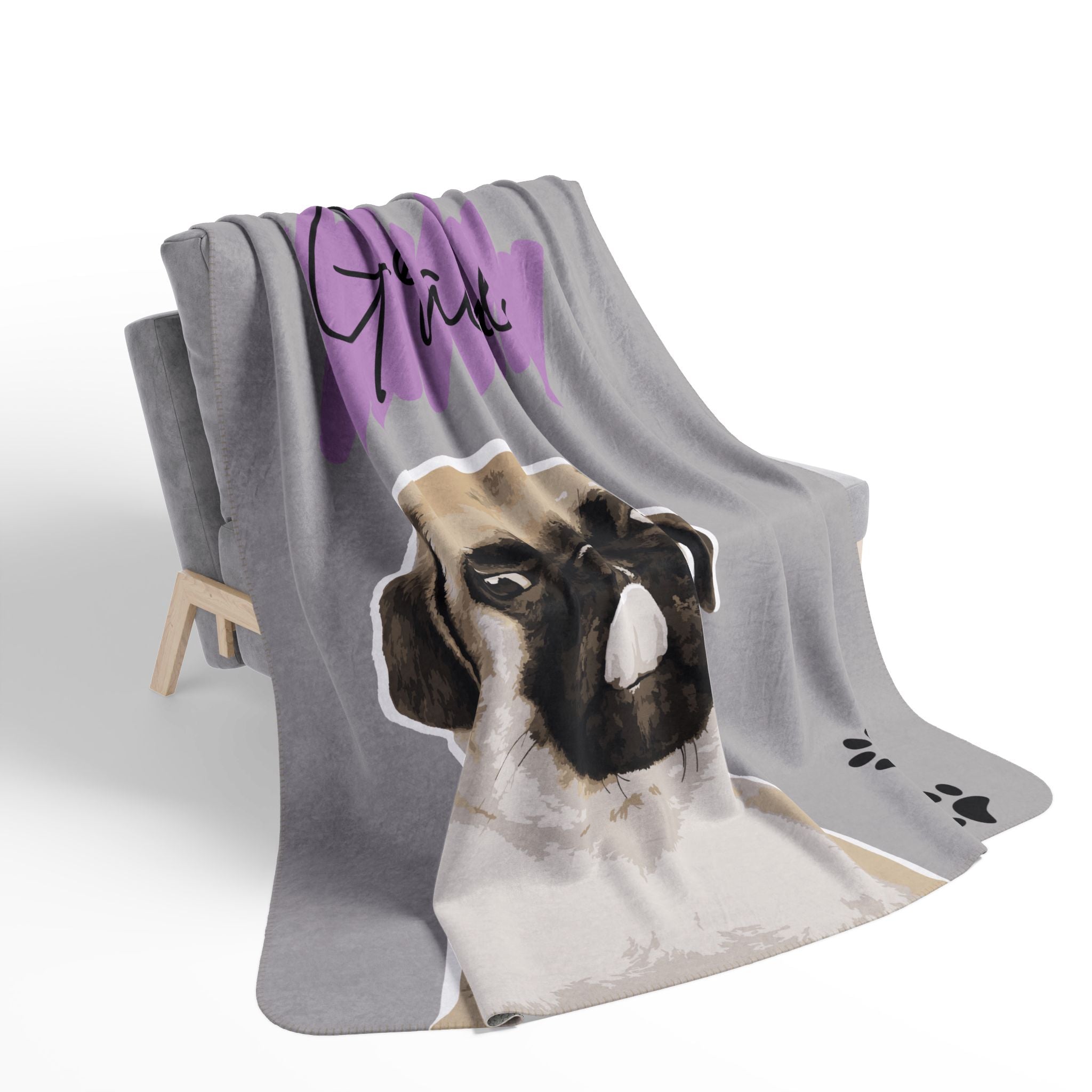 Personalized Pug Sherpa Blanket — Custom Name ‘Gracie’, Cozy Gray Fleece with Paw Prints