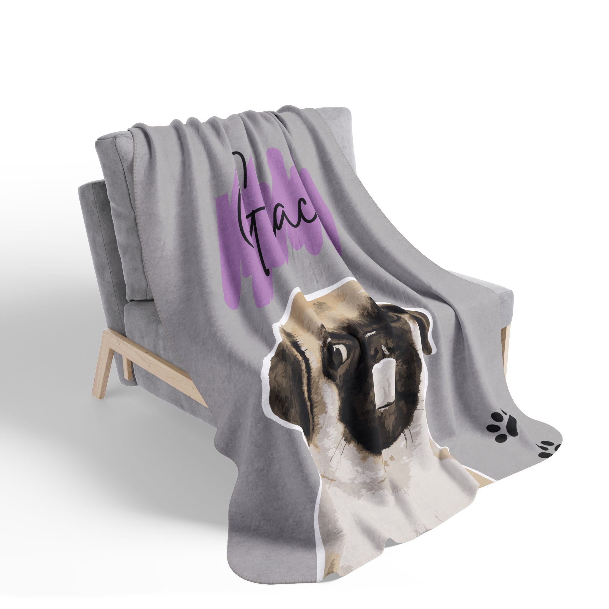 Personalized Pug Sherpa Blanket — Custom Name ‘Gracie’, Cozy Gray Fleece with Paw Prints