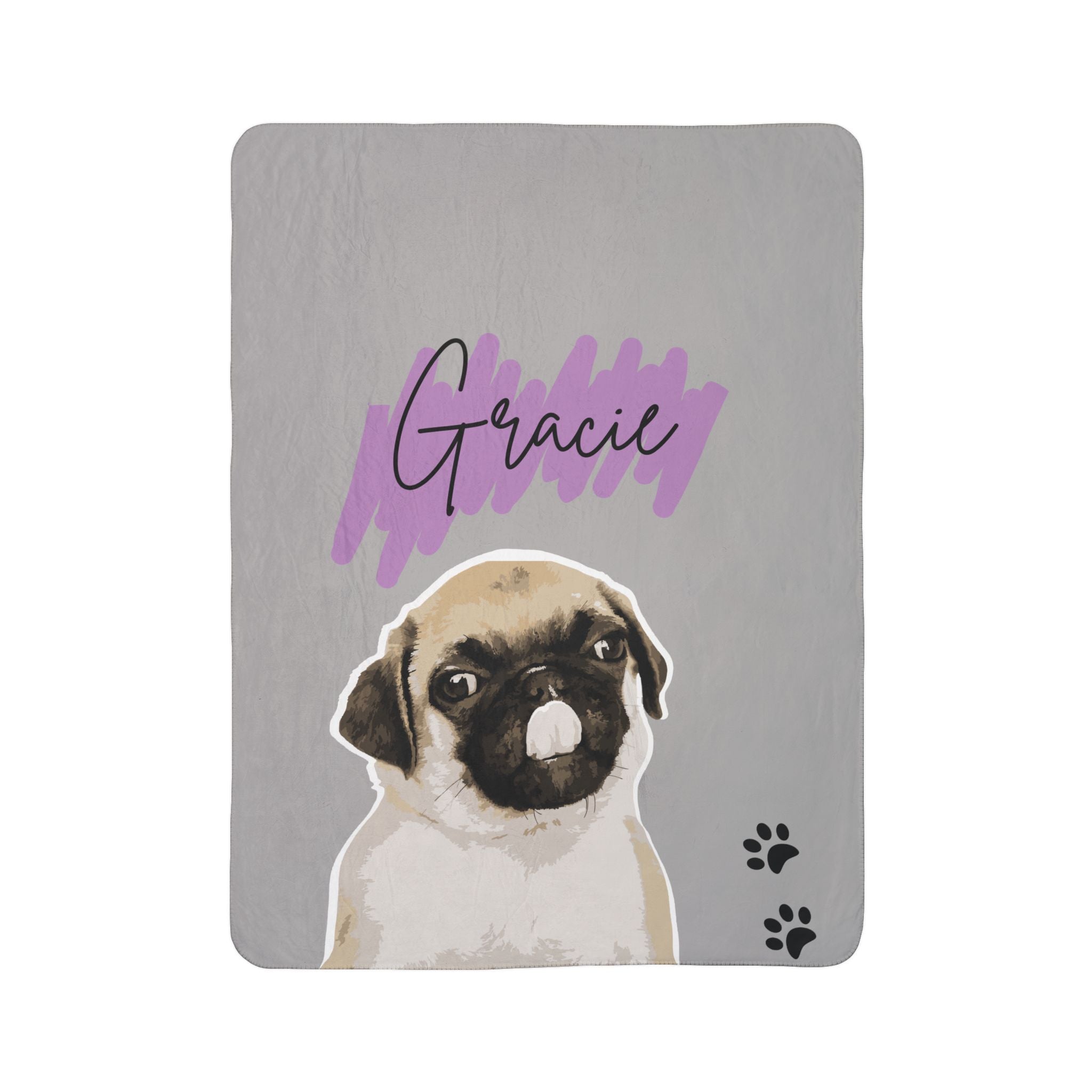 Personalized Pug Sherpa Blanket — Custom Name ‘Gracie’, Cozy Gray Fleece with Paw Prints