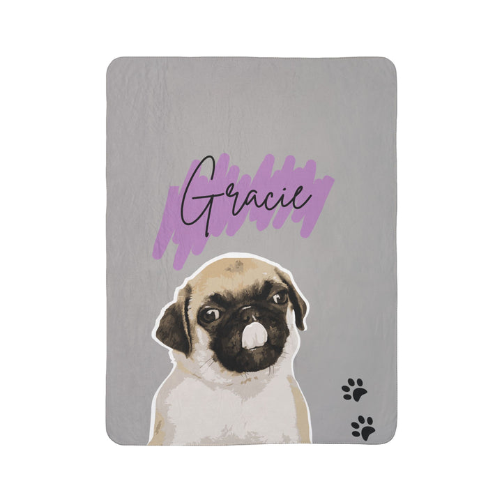 Personalized Pug Sherpa Blanket — Custom Name ‘Gracie’, Cozy Gray Fleece with Paw Prints