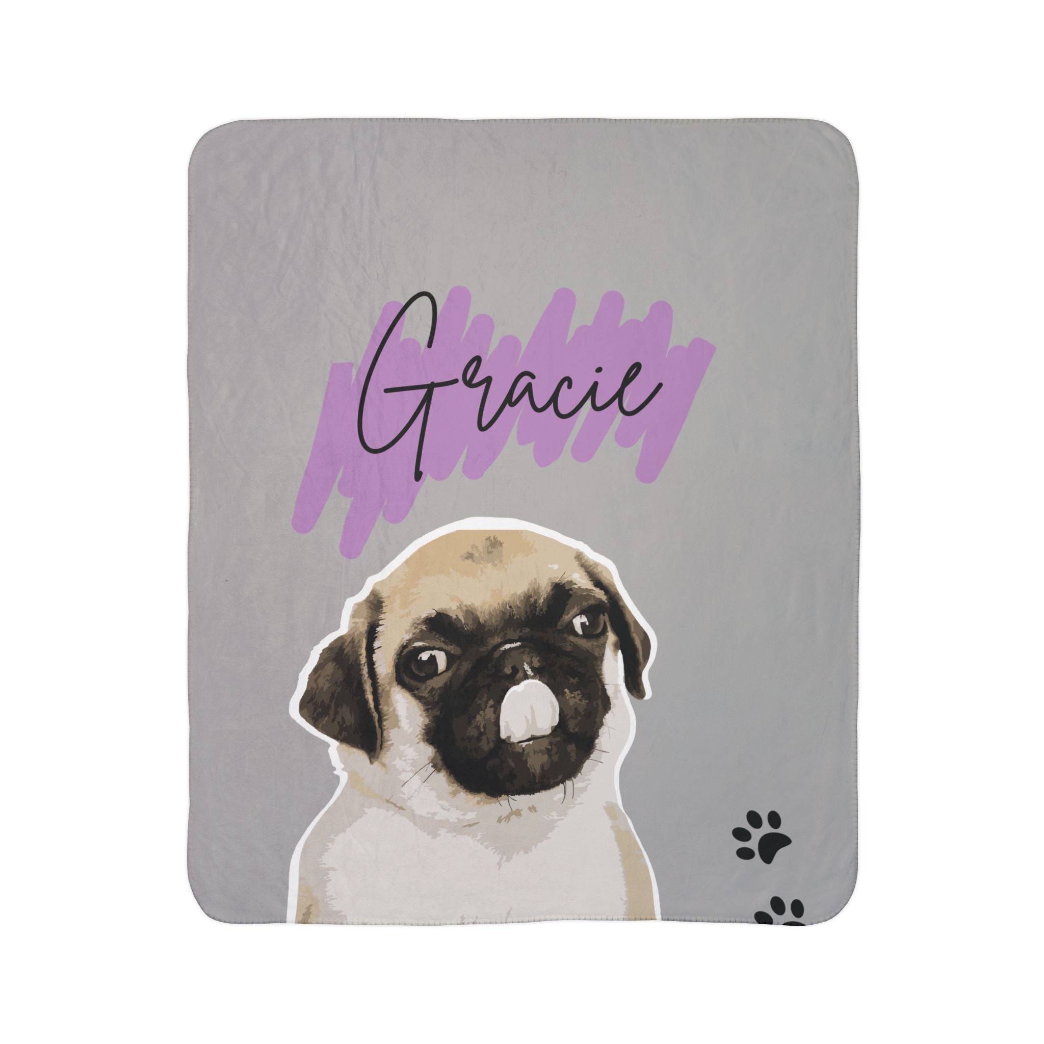 Personalized Pug Sherpa Blanket — Custom Name ‘Gracie’, Cozy Gray Fleece with Paw Prints