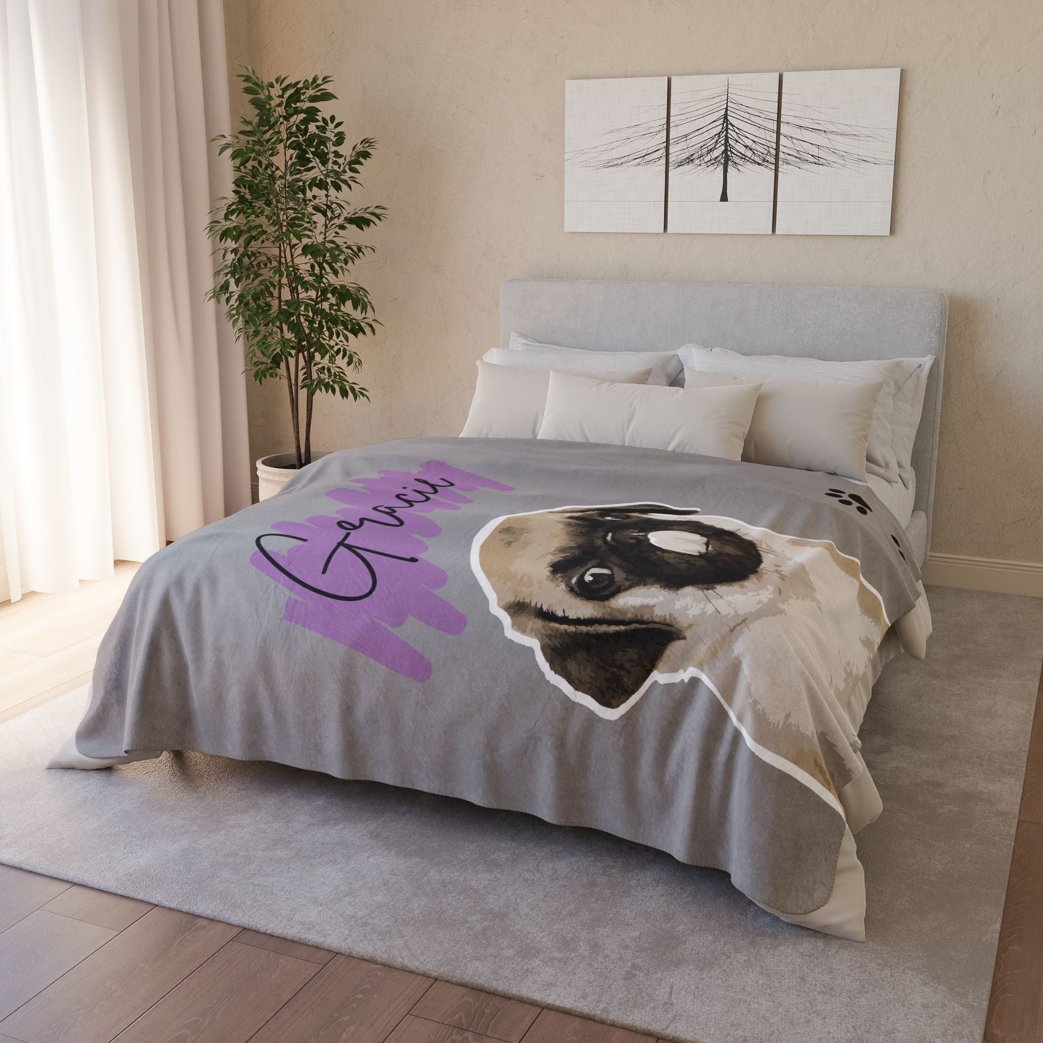 Personalized Pug Sherpa Blanket — Custom Name ‘Gracie’, Cozy Gray Fleece with Paw Prints