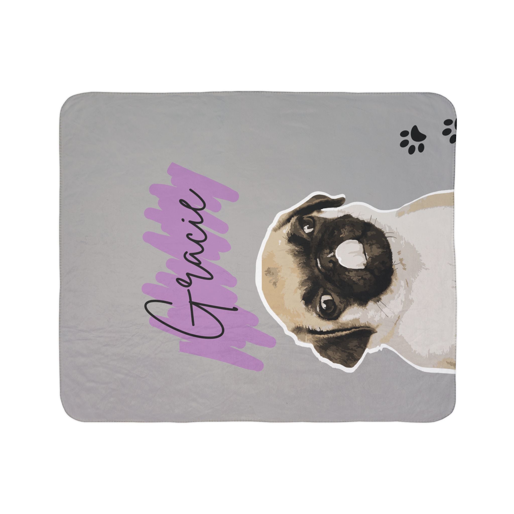 Personalized Pug Sherpa Blanket — Custom Name ‘Gracie’, Cozy Gray Fleece with Paw Prints